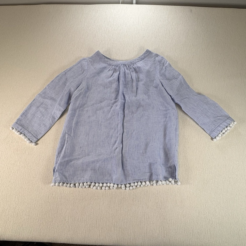 Boden 100 % Linen Pom Pom Trim Button Down Back Blouse Top Sz 10 Boho